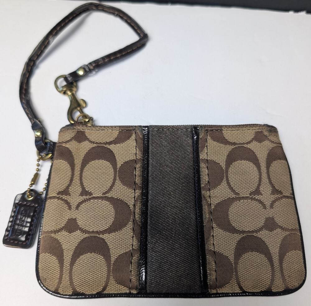 COACH Signature Small Wristlet Khaki Wallet Brown Stripe Allover Logo Print GC